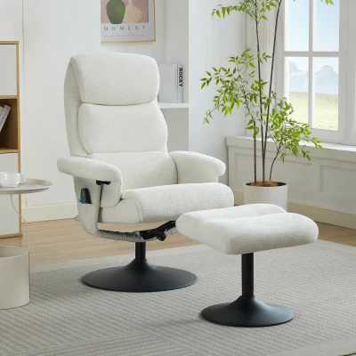 Relaxsessel mit Liegefunktion und 5-Punkte-Massage, Fernsehsessel mit elektrischer Heizfunktion und Hocker, 360° drehbar, Chenille-Stoff, 75,5x77x100 cm, Weiß
