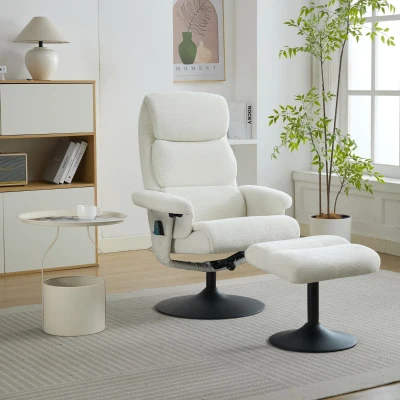 Relaxsessel mit Liegefunktion und 5-Punkte-Massage, Fernsehsessel mit elektrischer Heizfunktion und Hocker, 360° drehbar, Chenille-Stoff, 75,5x77x100 cm, Weiß