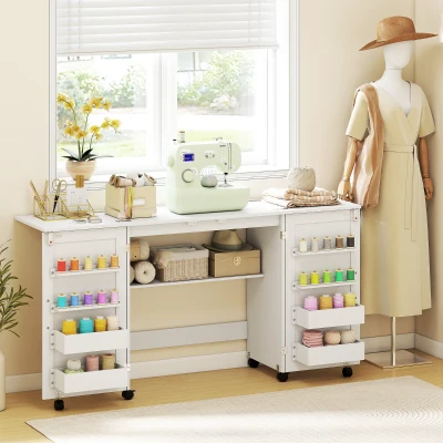 HOMCOM Mesa de Costura Plegable con 6 Ruedas 20 Clavijas para Hilos 4 Compartimentos Estante Blanco