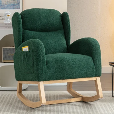 Moderner Schaukelstuhl mit Teddy-Stoffbezug, Ohrensessel mit ergonomischem Wingback-Design, für Wohnzimmer und Schlafzimmer, 71x96,5x101 cm, Grün