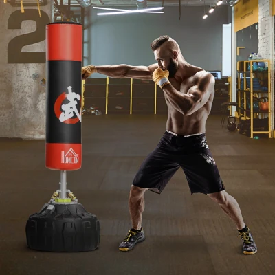 HOMCOM Saco de Boxeo de Pie, Soporte de Boxeo para Adultos, Base Grande Rellenable de Arena 60 kg / Agua 50 kg, Resortes Amortiguador para Entrenamiento de Fitness, en Casa, Ø60x180 cm, Negro y Rojo