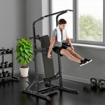 HOMCOM Estación de Musculación Torre de Entrenamiento Altura Ajustable con Barra de Dominadas y Banco Plegable para Fitness en Casa Gimnasio Carga 150 kg 99x178x230 cm Negro