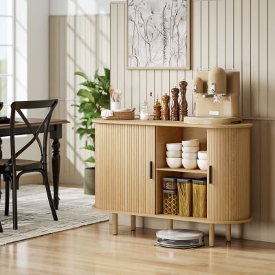 HOMCOM Aparador con Puertas Tambour Deslizantes 4 Compartimentos y Patas de Madera 120x40x78 cm Roble