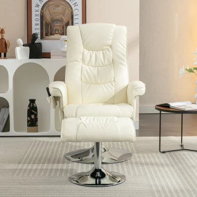 Massagesessel mit PU-Leder, 5-Punkt-Massagegerät und Heizfunktion, 360° drehbar, für Wohnzimmer und Schlafzimmer, 79x79x106 cm, Beige