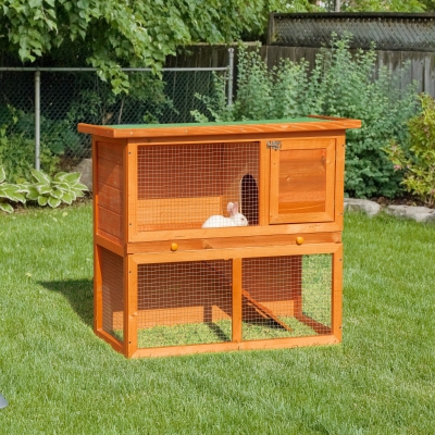 PawHut Conejera de Madera 90x45x80 cm Jaula para Conejos con Corral de Metal Techo Asfáltico Bandeja Extraíble y Rampa Natural