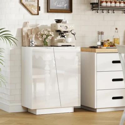HOMCOM Aparador Sala de Estar Armário Auxiliar com 2 Portas de Alto Brilho e Prateleiras Ajustáveis 70x40x88 cm Branco