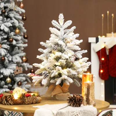 HOMCOM Mini Árbol de Navidad Artificial 60 cm con 35 Luces LED 182 Ramas Densas con Nieve Adornos y Base de Arpillera Verde