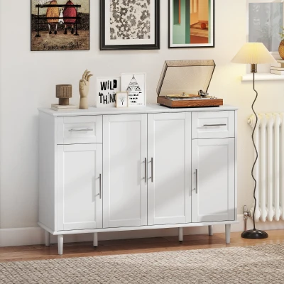 Eleganter HOMCOM Buffetschrank mit 2 Schubladen und 3 Schränken mit verstellbaren Regalen, aus Holz, 120x38x86 cm, Weiß