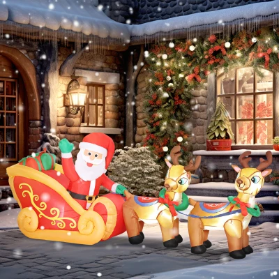 Outsunny Papá Noel Hinchable con Trineo y Renos Inflables de Navidad con Luces LED para Exterior e Interior 240x75x100 cm