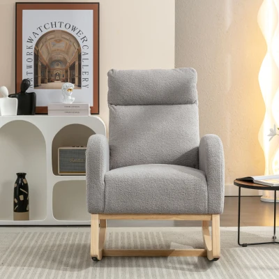 Moderner Schaukelstuhl aus Teddy-Stoff, mit gepolsterter Sitzfläche und versteckter Seitentasche, für Wohnzimmer und Schlafzimmer, 71x88x104,5 cm, Hellgrau