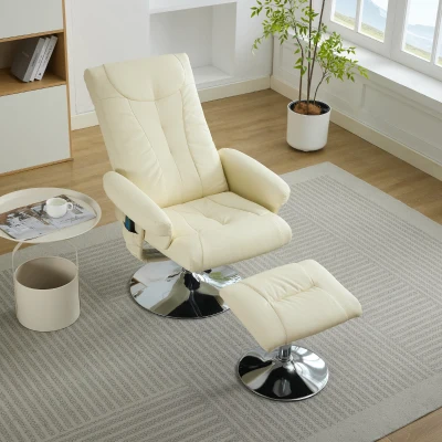 Relaxsessel mit Liegefunktion und 5-Punkte-Massage, Fernsehsessel mit elektrischer Heizfunktion und Hocker, 360° drehbar, PU-Stoff, 75x76x103 cm, Beige