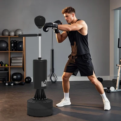 HOMCOM Boxsack Stehend mit Speedball, Reflexstange, Höhenverstellbar, für Erwachsene, 155-205cm, Schwarz