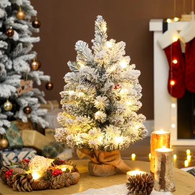 HOMCOM Mini Árbol de Navidad Artificial 60 cm con 35 Luces LED 72 Ramas Densas con Nieve Adornos y Base de Arpillera Verde