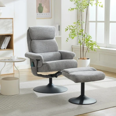 Relaxsessel mit Liegefunktion und 5-Punkte-Massage, Fernsehsessel mit elektrischer Heizfunktion und Hocker, 360° drehbar, Chenille-Stoff, 75,5x77x100 cm, Grau