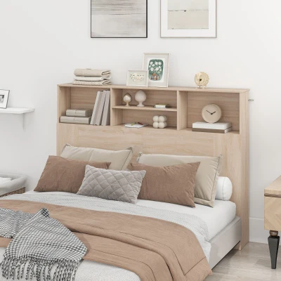 HOMCOM Cabecera de Cama Independiente con Almacenamiento, accesorio para cama 4 compartimentos abiertos, 140 x 19 x 103,5 cm, efecto madera natural
