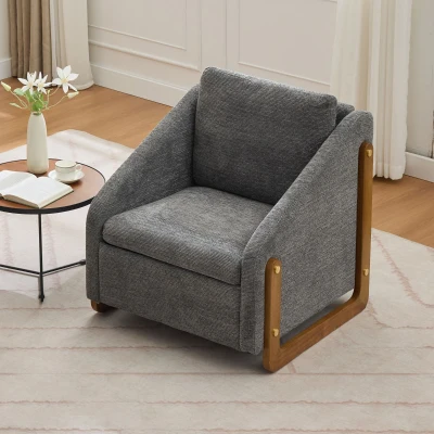 Moderner Polsterstuhl für Wohnzimmer, Loungesessel mit Holzarmlehnen und Rückenkissen, Chenillestoff, 73,5x73,5x73,5 cm, Grau
