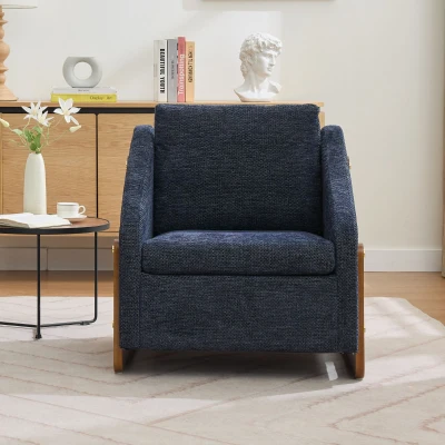 Moderner Akzentstuhl für Wohnzimmer, Loungesessel mit Holzarmlehnen und Rückenkissen, Chenillestoff, 73,5x73,5x73,5 cm, Blau