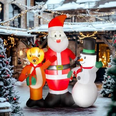 Outsunny Papá Noel Inflable 150 cm con Reno y Muñeco de Nieve Luces LED e Inflador Eléctrico para Exterior Jardín Césped