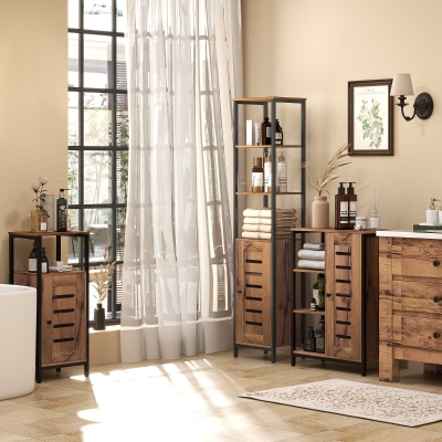 kleankin Columna de Baño Estrecha con Puerta de Lamas Estantes Ajustables Compartimentos Abiertos 37x30x167 cm Marrón Rústico