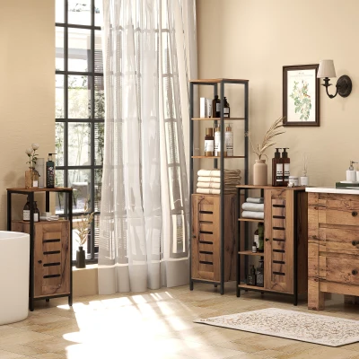 kleankin Columna de Baño Estrecha con Puerta de Lamas Estantes Ajustables Compartimentos Abiertos 37x30x167 cm Marrón Rústico