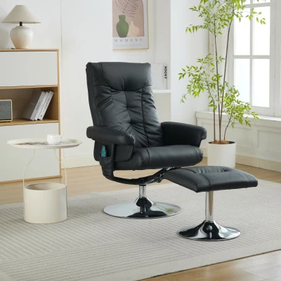 Relaxsessel mit Liegefunktion und 5-Punkte-Massage, Fernsehsessel mit elektrischer Heizfunktion und Hocker, 360° drehbar, PU-Stoff, 75x76x103 cm, Schwarz