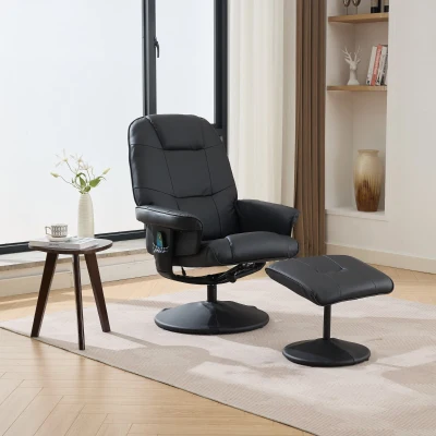 Massagesessel mit Liegefunktion, Relax-Fernsehsessel aus PU-Stoff, 360° Drehung, Heizung & Hocker, 75x79,5x107 cm, Schwarz