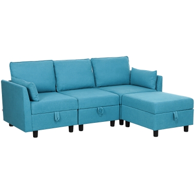 HOMCOM Divano Modulare 3 Posti con Pouf e Contenitori Blu