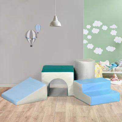 HOMCOM Bausteinset 4er-Set Schaumstoff Bausteine einfache Reinigung weiche Füllung Schaumstoffblöcke für 1-3 Jahre Kinder EPE Hellgrau+Blau+Grün 150 x 50 x 39 cm