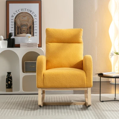 Moderner Schaukelstuhl aus Teddy-Stoff, mit gepolsterter Sitzfläche und versteckter Seitentasche, für Wohnzimmer und Schlafzimmer, 71x88x104,5 cm, Gelb