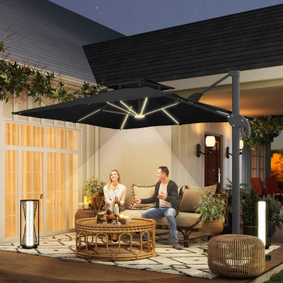 Outsunny Parasol Déporté LED Pivotant 3x3m Polyester Gris