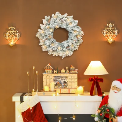 HOMCOM Tannenkranz Weihnachtskranz mit LED-Lichterkette, Tannenzapfen, Türkranz Grün+Weiß, Ø60 x 8 cm