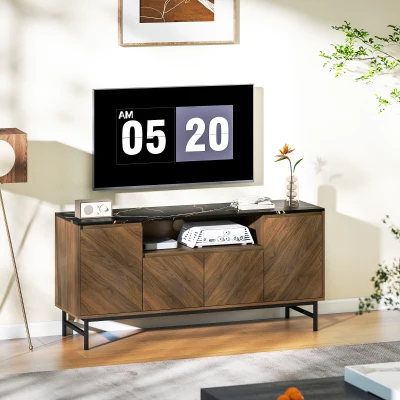HOMCOM Meuble TV Bois 65'' Compartiment Effet Marbre Noyer