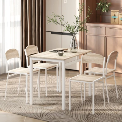 HOMCOM Ensemble table à manger 5 pièces avec 4 chaises style contemporain cuisine salle à manger salon plateau MDF coloris bois de chêne châssis métal blanc