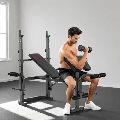 SPORTNOW Banco de Musculación con Soporte para Barra Ajustable Extensión de Piernas Curl de Predicador y Mariposa para Gimnasio