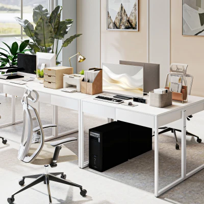 HOMCOM Escritorio con 2 cajones, mesa de ordenador 100 x 50 cm, escritorio moderno con patas de acero, para espacios pequeños, blanco brillante