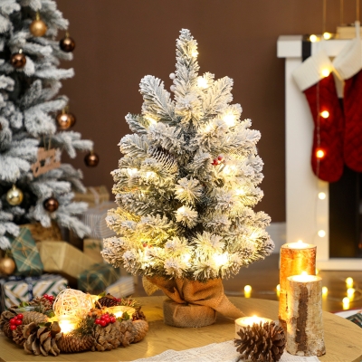 HOMCOM Mini Árvore de Natal Artificial com 35 Luzes LED 60 cm com 72 Ramos com Neve Pinhas Bagas e Base de Saco de Juta Ø37x60 cm Verde