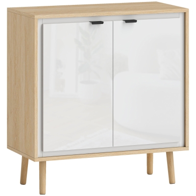 HOMCOM Moderner Kommodenschrank mit 2 Türen und verstellbarem Regal, 72x35x77 cm, Hochglanz-Weiß und Eiche
