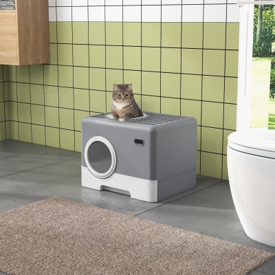 PawHut Arenero para Gatos Cubierto con Pala Bandeja Extraíble Entrada Frontal y Salida Superior 52x41x38,5 cm Gris