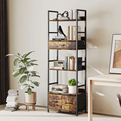 HOMCOM Bücherregal Regal mit 6 Ebenen, 4 Regalen, 3 Stoffschubladen, 60x30x176cm, rustikales Braun