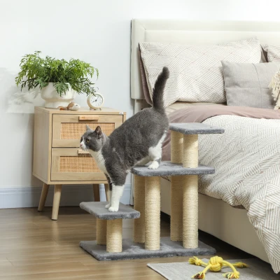 PawHut Escalera para Gatos de 3 Peldaños Altura Ajustable con Postes Rascadores y Bola Colgante Carga 10 kg 52x34,5x54 cm Gris