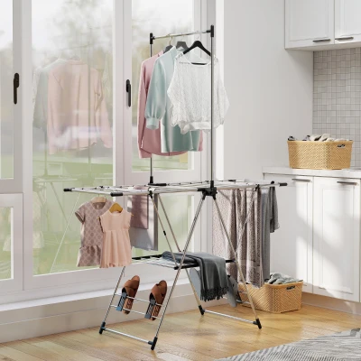 HOMCOM Séchoir Vertical Pliable avec Ailes et 4 Supports Argent