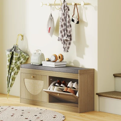 HOMCOM Banco Sapateira com Assento Acolchoado Portas em Vime Prateleira Ajustável para 8 Pares de Sapatos 104,5x24x48 cm Madeira