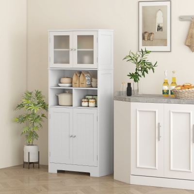 HOMCOM Alacena Alta con Armarios y Estantes Abiertos Puertas de Cristal Estantes Ajustables y Sistema Antivuelco 60x30x145,5 cm