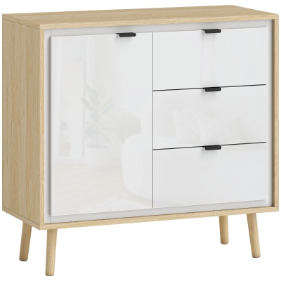 HOMCOM Modernes Sideboard mit 3 Schubladen und Schrank, verstellbarem Innenregal und glänzenden Türen, Weiß und Eiche