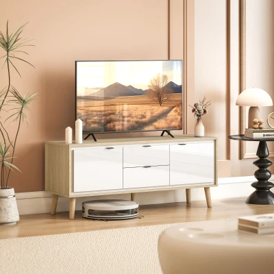 HOMCOM Mueble de TV Moderno de 2 Puertas 2 Cajones Orificios y Estantes Extraíbles 120x35x50 cm Blanco Brillo y Roble