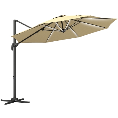 Outsunny 3m Adjustable Cantilever Parasol with LED Lights Khaki