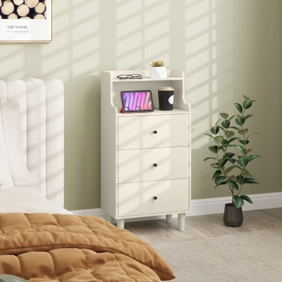 HOMCOM Cómoda com 3 Gavetas Cómoda de Quarto Estreita com Prateleiras Abertas Anti-Tombo Gaveteiro Alto 47x29x95 cm Branco Acinzentado