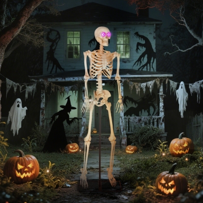 Outsunny Skelet Figuur, Halloween Decoratie, beweegbare Armen en Benen, Geluidsactivatie, gloeiende Ogen, Batterijvoeding, 152 cm, Metaal, Kunststof, Geel