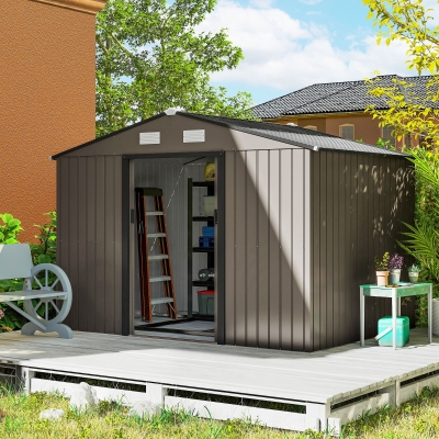 Outsunny Cobertizo de Jardín 4,9 m² 277x195x192 cm con 2 Puertas Corredizas Techo Inclinado y 4 Ventanas Marrón