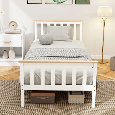 HOMCOM Marco de Cama Individual, Marco de Cama de Madera, Almacenamiento Abajo, Madera Natural, Blanco
